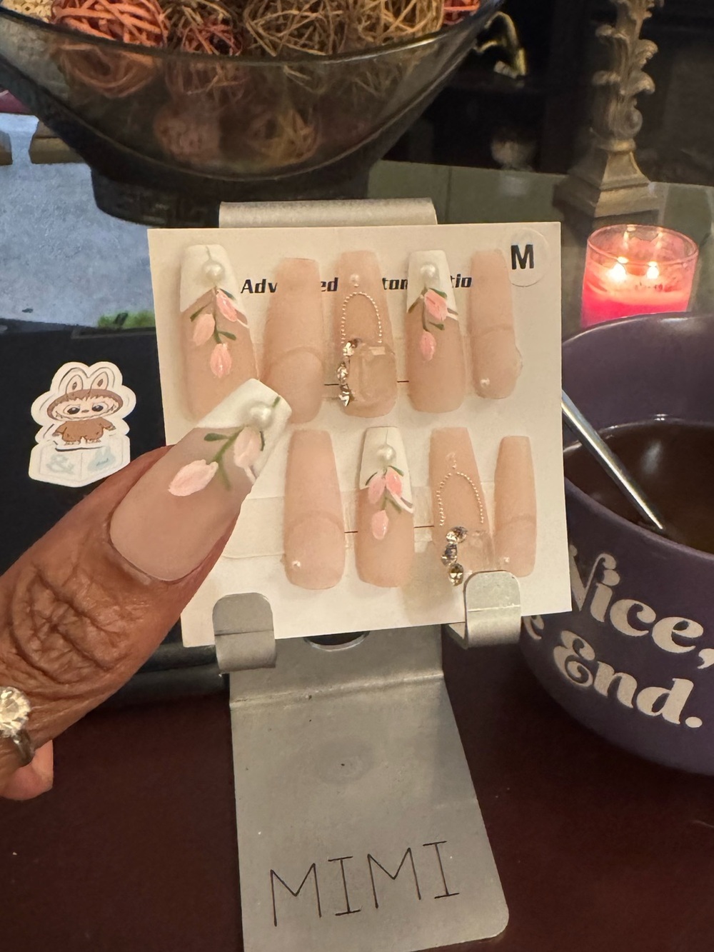 New Press-On Sugar Nail Set with Pink Floral Accent - Nude Pink (Long Coffin)